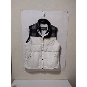 Eddie Bauer Womens X-LARGE White Black Plaid Puffer Warm Vest Jacket Full Zip